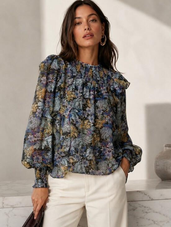 cinq a sept Tops - CINQ A SEPT Harriet Floral Smocked Yoke Top Blouse Ruffles Small